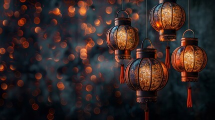 Fototapeta premium Group of three hanging lights with bulbs on a dark background with space for copying