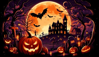 Fototapeta premium Halloween pumpkins, bats, graveyard and scary buildings against the backdrop of a big orange moon. Vector illustration. Festive flyer, poster or banner generative A.I.