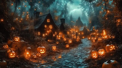 Obraz premium Pumpkin lanterns lighting up a cobblestone path, dark forest in the background, mysterious and enchanting
