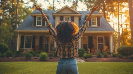 A person triumphantly holding a Loan Paid Off banner in front of a house, symbolizing the achievement of financial freedom through strategic refinancing