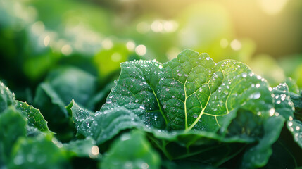 a macro shot of morning dew glistening on the leaves of freshly harvested fall crops, such as kale, spinach, and cabbage