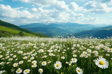 Spring camomile meadow in mountain. Nature landscape scene , ai