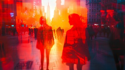 city street, daily life, hustle, urban energy, movement, close up, focus on, copy space, bright colors, varied textures, Double exposure silhouette with people walking