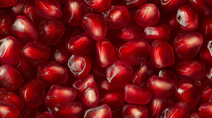 a pattern in photograph, extreme close-up, top-down view of pomegranate seeds, filling the entire frame with a focus on the intricate details of the food items