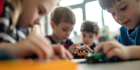 A group of children are fully engaged in playing a building blocks game in a vibrant room, fostering their creativity, cooperation, and fine motor skills development in a lively setting.