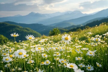 Fototapeta premium Spring camomile meadow in mountain. Nature landscape scene , ai