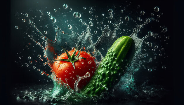 omato and cucumber with water splashes against a dark background, capturing dynamic movement.