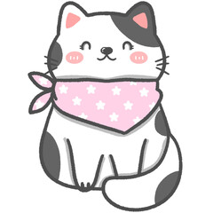 Cute cat in sitting position wearing a scarf Use as illustrations or stickers. Destroy children's clothes