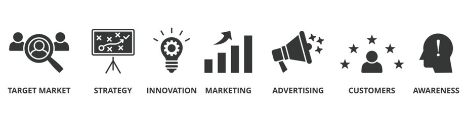 Brand banner web icon vector illustration concept with icon of target market, strategy, innovation, marketing, advertising, customers, and awareness