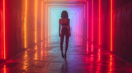 Fashion Model Standing in a Colorful Neon-lit Corridor with Fog and Dramatic Lighting