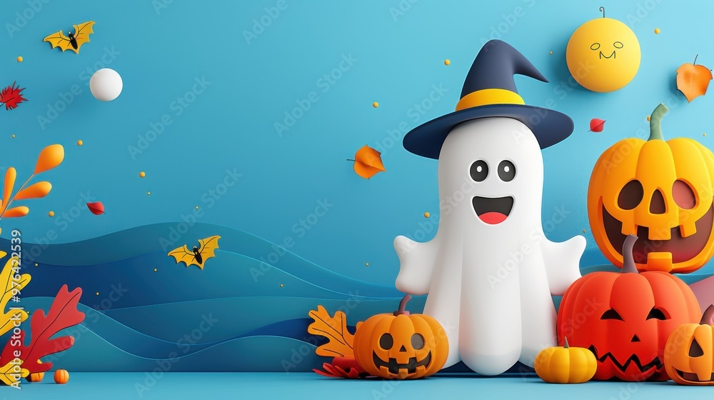 Sticker Happy Halloween Ghost with Pumpkins   Fall Leaves on Blue Background