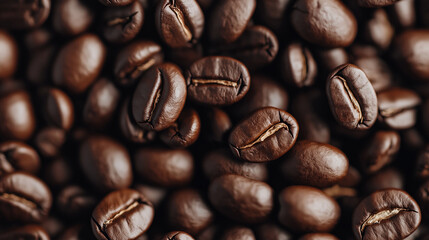 Obraz premium a photographic pattern of an extreme close-up, top-down view of coffee beans, filling the entire frame with a focus on the intricate details