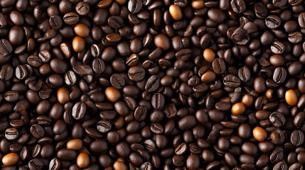 Obraz premium a seamless pattern of a close-up, top-down view of coffee beans, filling the entire frame with a focus on the intricate details of the elements
