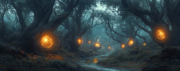 Obraz premium Eerie forest lit by glowing magical orbs, twisted trees creating a sense of dread, unseen fear lurking