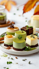 A variety of elegant mini desserts on a plate, featuring layers and diverse textures, garnished with herbs and spices.

