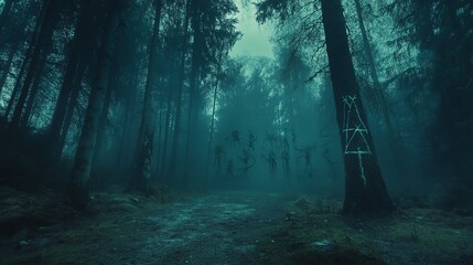 Haunted forest with creepy spell markings on trees, terror gripping anyone who dares to enter