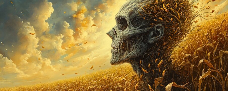 Haunting figure of a farmer with a weathered face, surrounded by a bountiful harvest, ghostly glow in the twilight