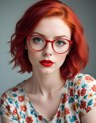 Fototapeta premium A young Caucasian woman with long short red hair wearing colorful glasses and red lipstick , looking directly at the camera with a confident expression