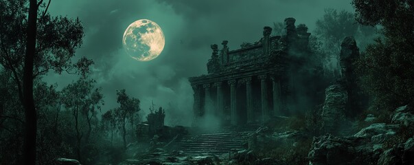 Obraz premium Mysterious, ancient temple hidden deep in the forest, where evil sorcery rituals are performed under the full moon