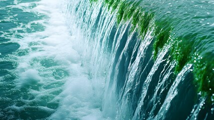 Intense water jet cutting through layers of green algae on a wall, with water cascading down, creating striking contrast between clean and dirty sections