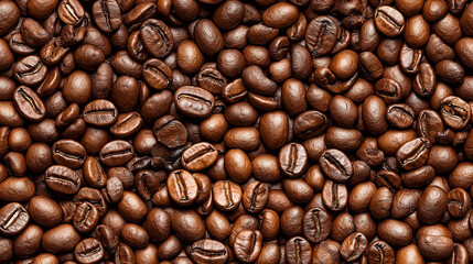 Fototapeta premium a seamless pattern of a close-up, top-down view of coffee beans, filling the entire frame with a focus on the intricate details of the elements