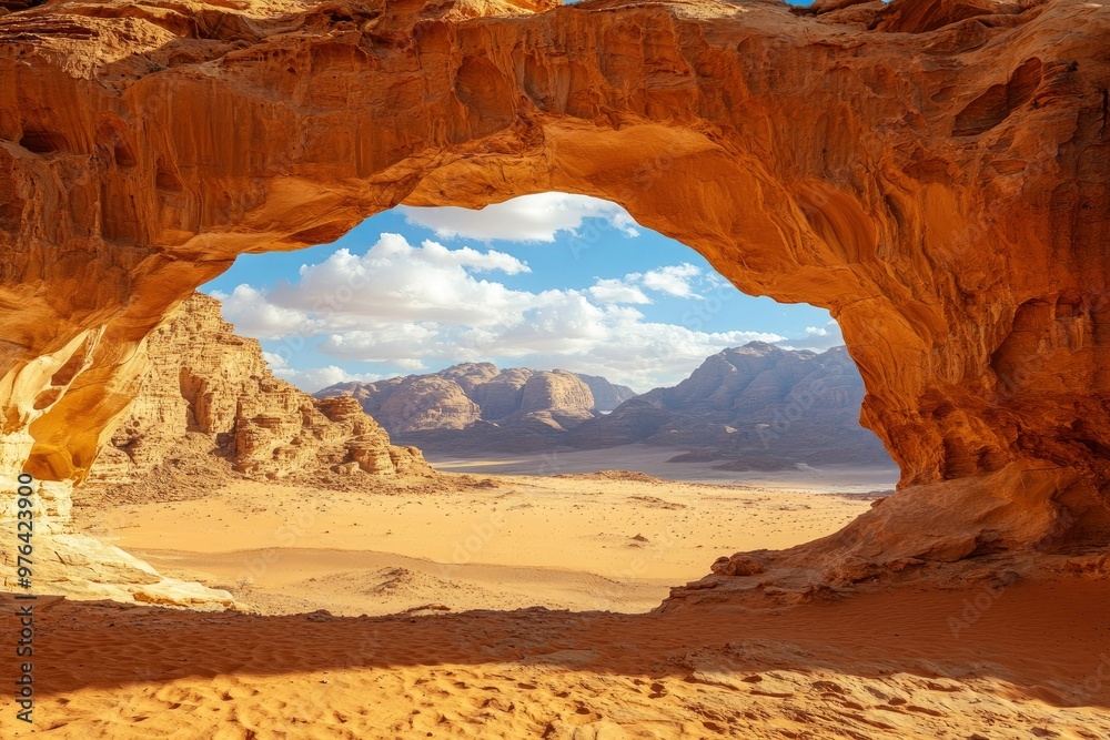 Wall mural Desert Landscape with Rock Formation during Afternoon in Jordan. Beautiful Outdoor Scenery of Wadi Rum with Sandy Surface, ai