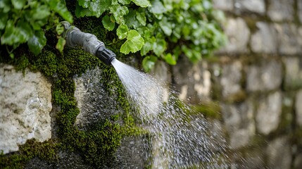 Moss-covered stone wall being cleaned by a pressure washer, revealing bright stone underneath, water cascading and splashing