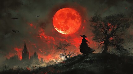 Witch casting a creepy spell under a bloodred moon, terror spreading as the sky darkens unnaturally