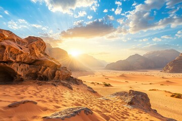 Fototapeta premium Desert Landscape with Rock Formation during Afternoon in Jordan. Beautiful Outdoor Scenery of Wadi Rum with Sandy Surface, ai