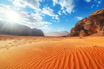 Naklejka premium Desert Landscape with Rock Formation during Afternoon in Jordan. Beautiful Outdoor Scenery of Wadi Rum with Sandy Surface , ai