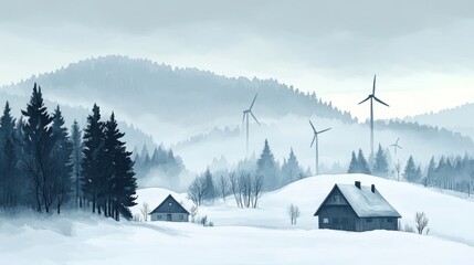 Foggy landscape with wind turbines faintly seen, eerie and quiet surroundings, Watercolor style