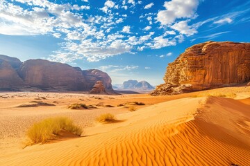 Naklejka premium Desert Landscape with Rock Formation during Afternoon in Jordan. Beautiful Outdoor Scenery of Wadi Rum with Sandy Surface , ai
