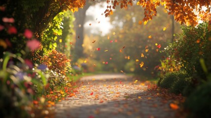 Fototapeta premium Autumn leaves falling in scenic park pathway, surrounded by vibrant fall foliage.