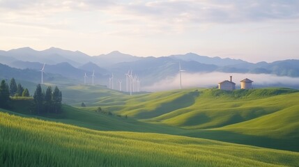 Dawn breaks over a vast green landscape with wind turbines aligned in harmony, their silhouettes softly blending with watercolor washes of golden light