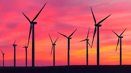 Wind turbines stretching across a vast field, silhouetted against a breathtaking watercolor sunset filled with fiery oranges and deep reds