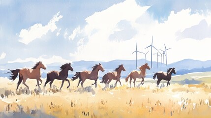Wild horses run through a sunlit field, wind turbines towering in the far background, painted in fluid watercolor brushstrokes evoking freedom and nature's energy