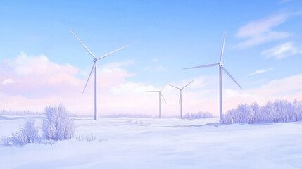 Wind turbines stand tall in a vast snow-covered tundra, their sleek white blades blending seamlessly with the frosty, winter landscape. Soft pastel sky tones accent the serenity