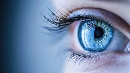 Fototapeta premium Close-up of blue eye with detailed iris and long eyelashes, set against soft background