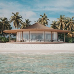 Fototapeta premium Modern villa on a tropical sand beach among palm trees. Minimalist house with round curved shaped forms.