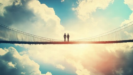 Obraz premium Two people walk on suspension bridge above fluffy clouds against bright sky