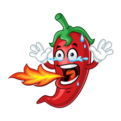 Funny Cartoon Chili Pepper Blowing Fire and Crying, Spicy Food Illustration.