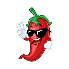 Cool chili pepper cartoon mascot with sunglasses making peace sign.