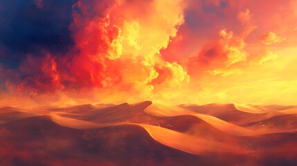 Endless golden sand dunes under a fiery sunset, the sky painted with vibrant oranges and pinks, Fantasy, Watercolor, soft brushstrokes, ethereal lighting