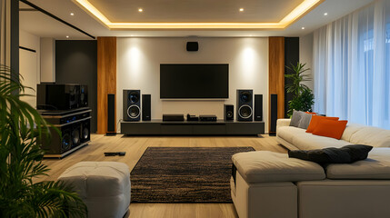 Modern Home Theater Room Design with White Couch and Black Speakers - Realistic Image