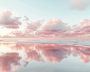 Obraz premium Pastel Clouds Reflecting in Calm Ocean Waters at Sunset, Softly Glowing Horizon, Stunning Beach Scene with Pink Sky and Tranquil Atmosphere