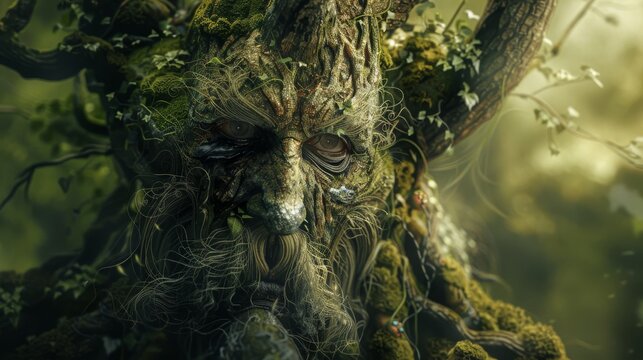 Half-Human, Half-Tree Forest Guardian: A Mystical Protector with Solemn Eyes, Vigilantly Preserving the Ancient Woods and Their Natural Harmony