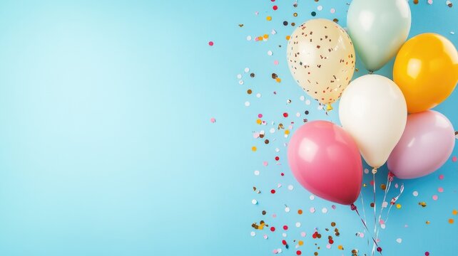 Colorful balloons and confetti against blue background