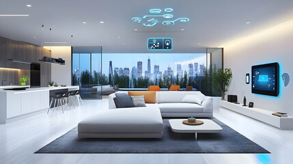 Modern Smart Home Interior Design with City View 3D Illustration
