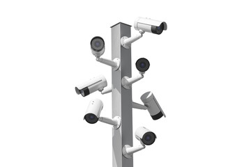 Multiple surveillance cameras of various models mounted on a single pole. Isolated on a white background. Concept of security and surveillance. 3D Rendering