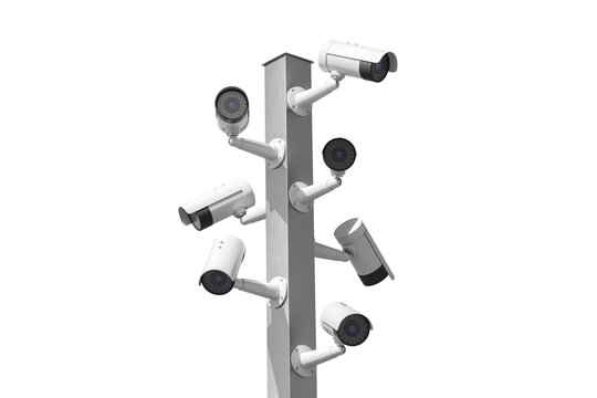 Multiple surveillance cameras of various models mounted on a single pole. Isolated on a white background. Concept of security and surveillance. 3D Rendering